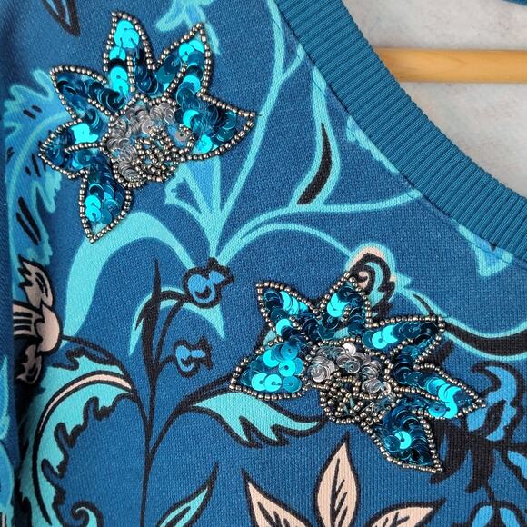 Ulla Popken Plus Size 20 22 Sweatshirts Teal Sequins Floral Oversize Top Casual - Picture 3 of 11